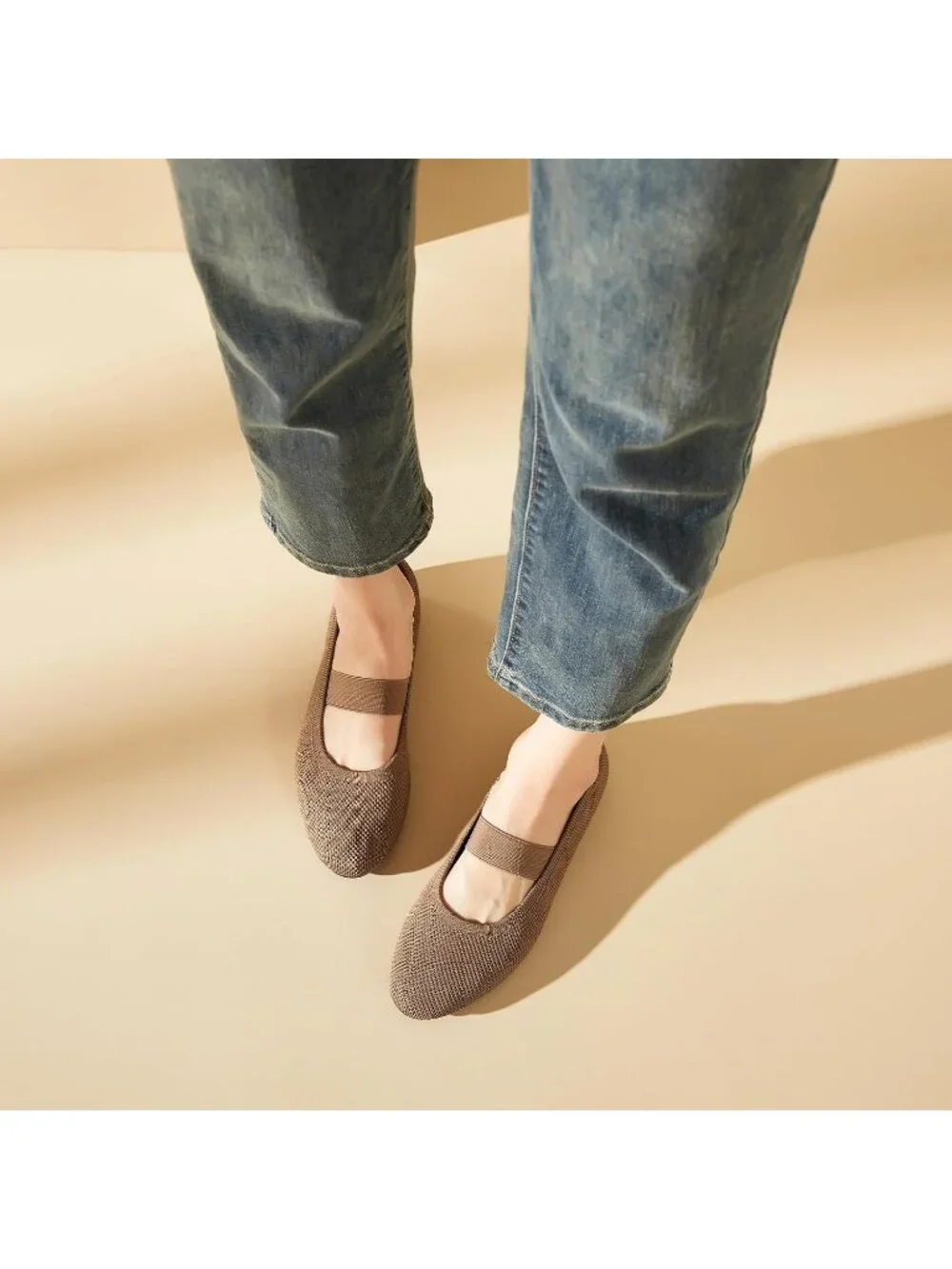 Women's Brown Knit Round Toe Elastic Strap Flat Comfortable Slip On Casual Shoes